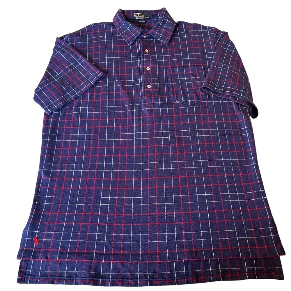 Vintage Polo by Ralph Lauren Navy Blue,‎ Red and White Plaid Polo Shirt Size L